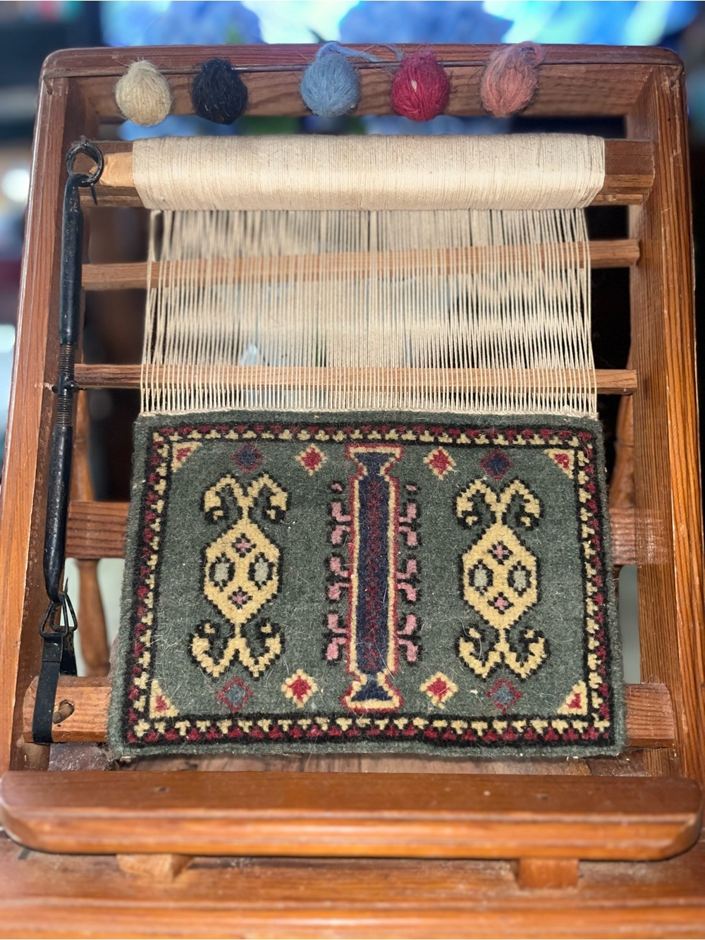 Vintage Handwoven Mini Rug on Loom - Olive Green, Cream, Red Accents